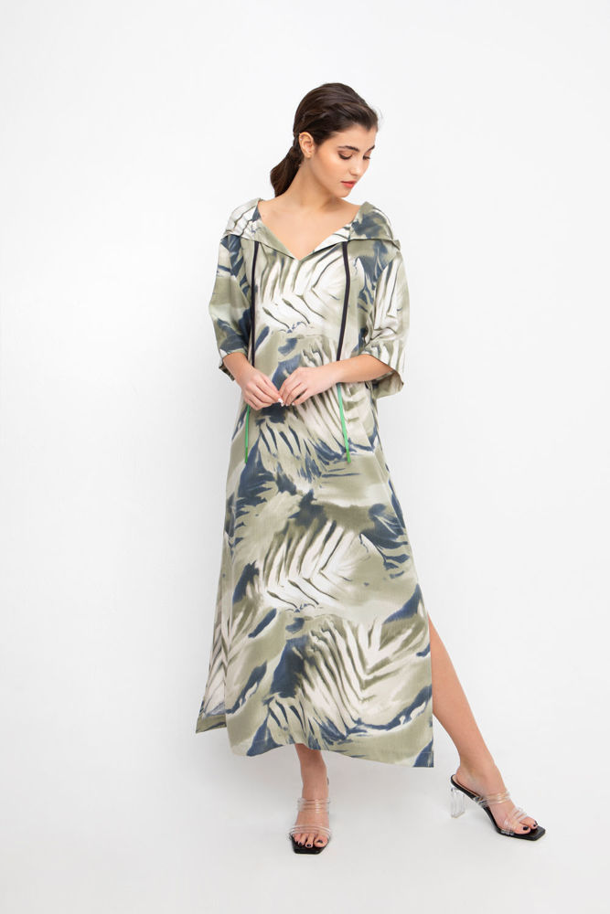Kaftan φόρεμα σε tropical εμπριμέ viscose με κουκούλα λαδι