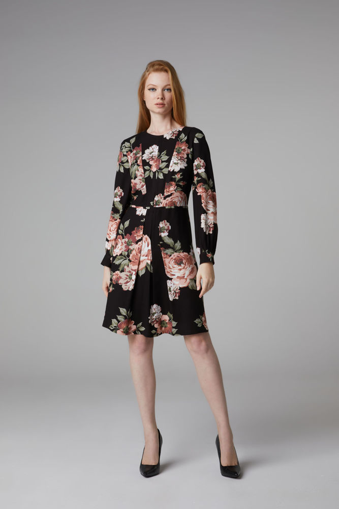 Picture of Dress in floral viscose fabric with radial cuts BLACK