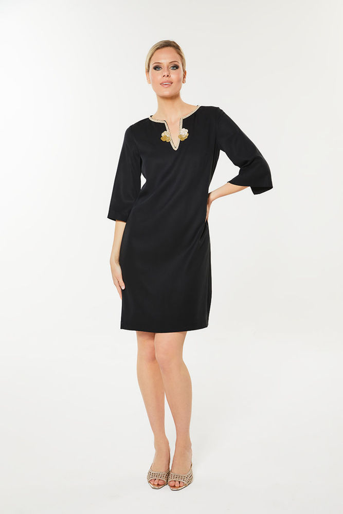 Picture of Dress in viscose with hand-embroidered flower BLACK