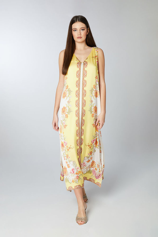 Φόρεμα σε foulard print σατέν κιτρινο