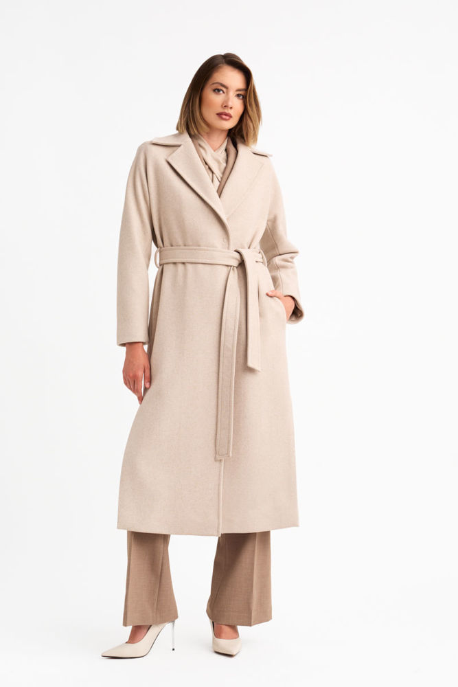 Παλτό με ζώνη σε ύφασμα με μαλλί 028 βανιλια