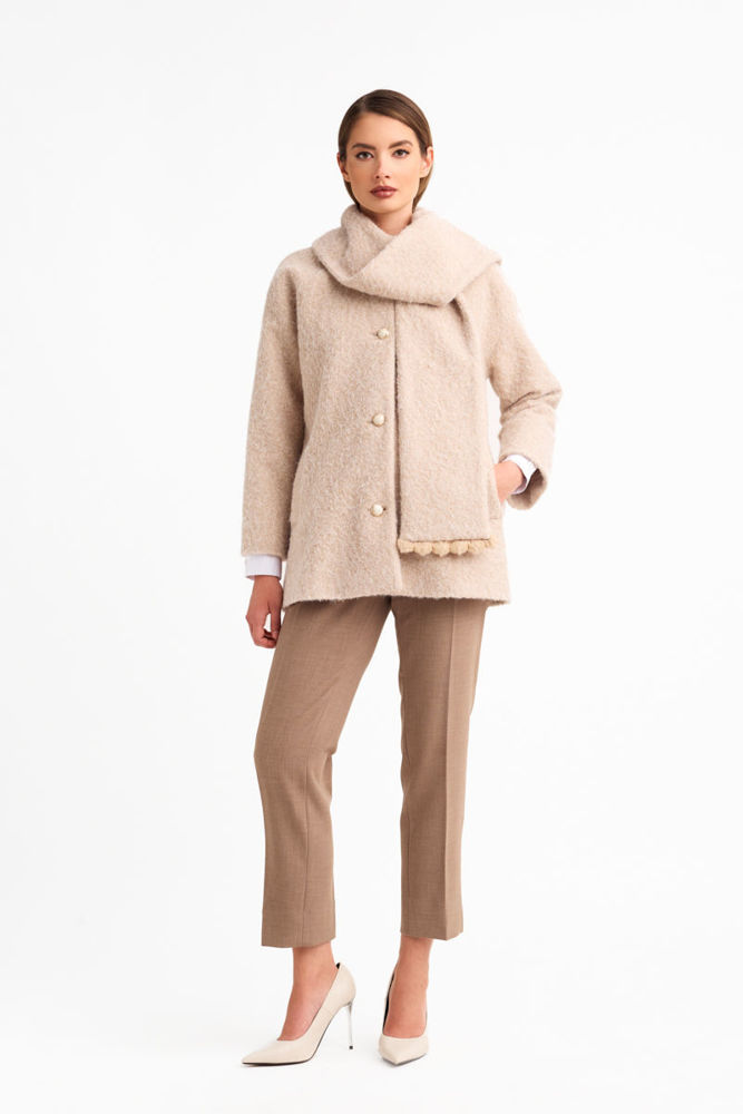 Ζακέτα από ύφασμα μπουκλέ με γιακά-κασκόλ μπεζ