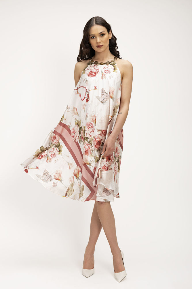 Σατέν Midi Φόρεμα Foulard Print με Κόσμημα στο Λαιμό ροζ