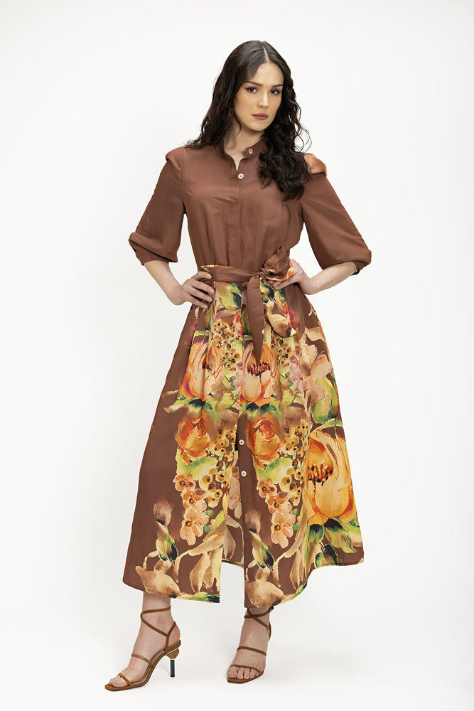 Midi Σεμιζιέ Φόρεμα από Εμπριμέ Βισκόζη καφε