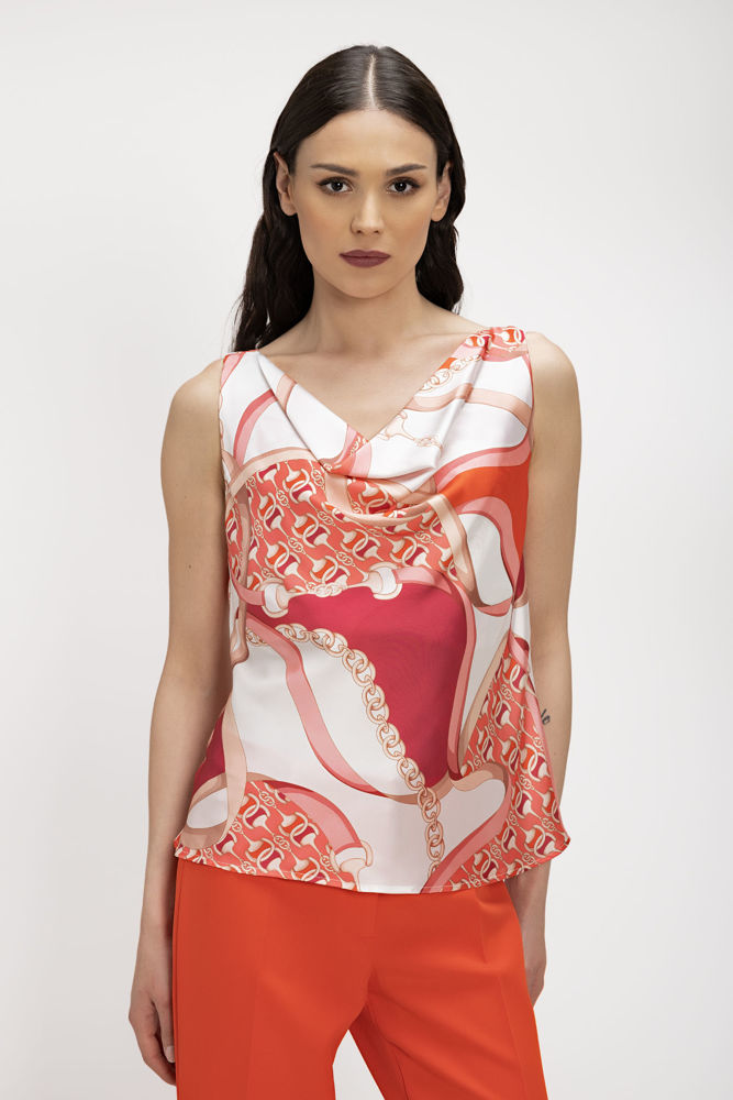 Σατέν Τοπ με ντραπέ λαιμό σε Foulard Print κοκκινο