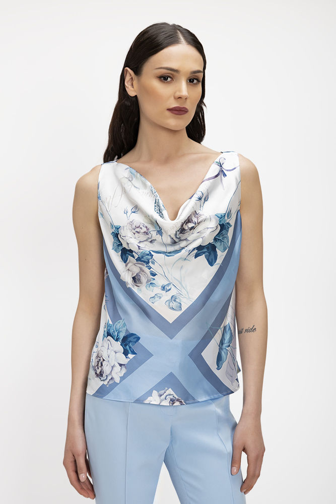 Σατέν Τοπ με ντραπέ λαιμό σε Foulard Print σιελ