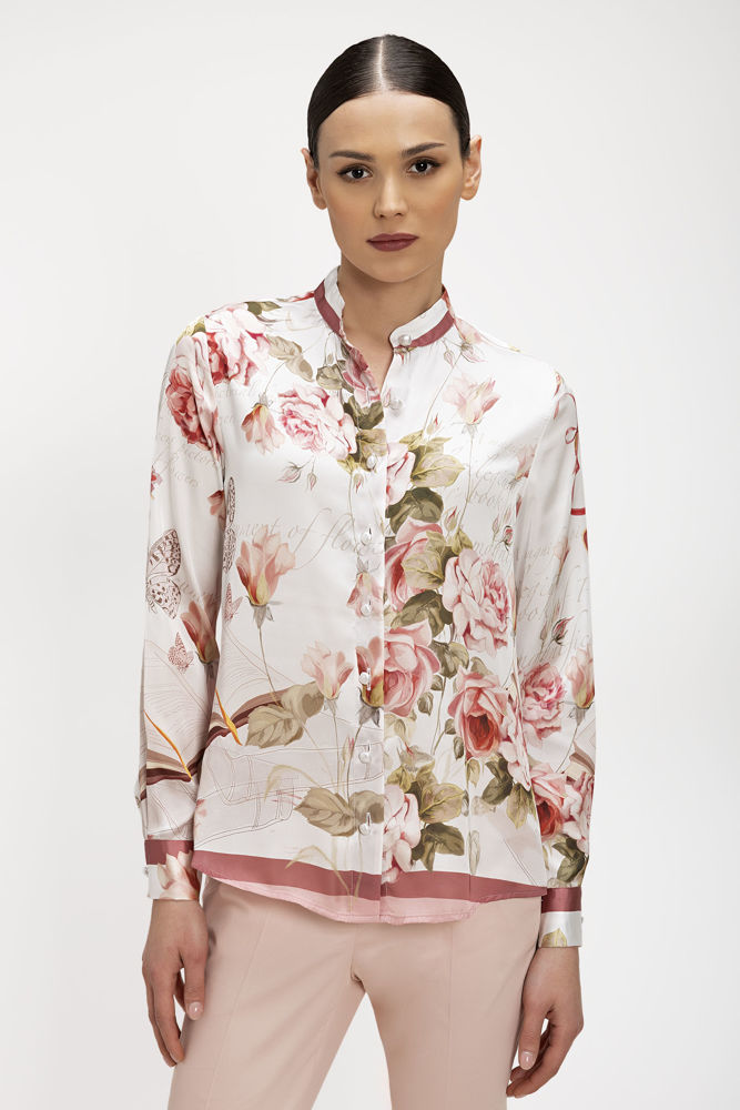 Πουκάμισο με μάο γιακά σε Foulard Print ροζ