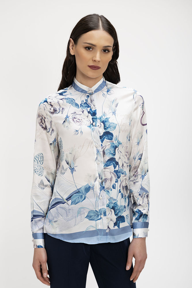 Πουκάμισο με μάο γιακά σε Foulard Print  σιελ
