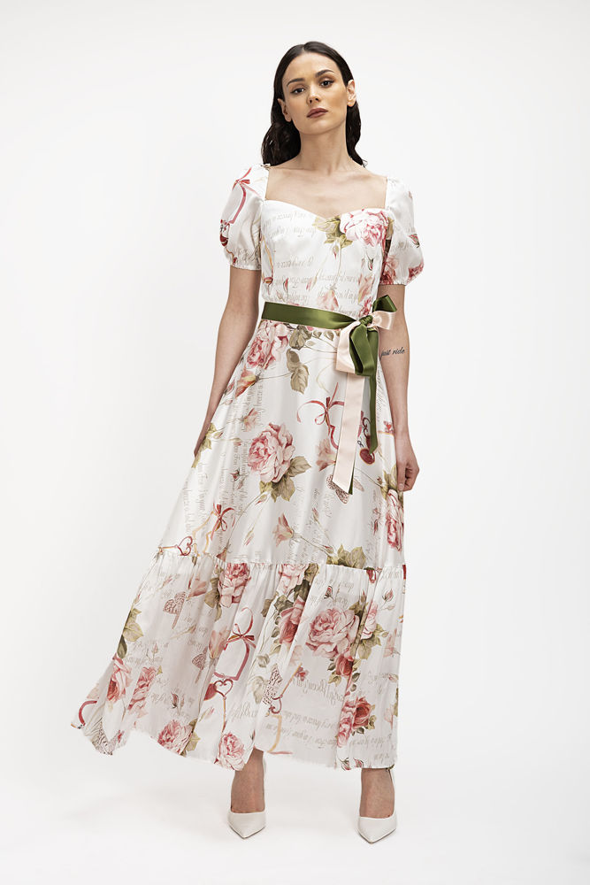 Maxi Σατέν Φόρεμα Foulard Print με Δίχρωμη Ζώνη ροζ