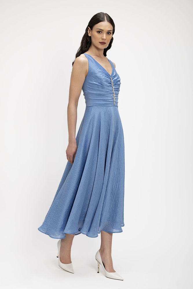 Midi Crinkle Shimmer Φόρεμα με Κόσμημα και Ντραπέ Μπούστο 016 σιελ