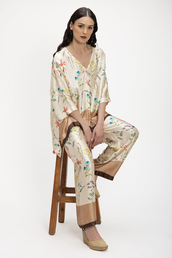 Παντελόνι σε σατέν βισκόζη εμπριμέ με μπορντούρα & διακοσμητική ζώνη 009 καφε