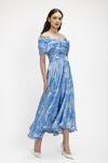 Midi Φλοράλ Φόρεμα με Shimmer Λάμψη και Off-the-Shoulder Μανίκια σιελ