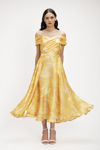 Midi Φλοράλ Φόρεμα με Shimmer Λάμψη και Off-the-Shoulder Μανίκια κιτρινο